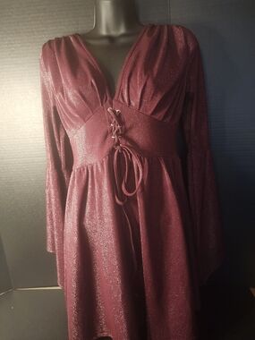 Cider Wine Shimmer Lace-Up Long Sleeve Dress